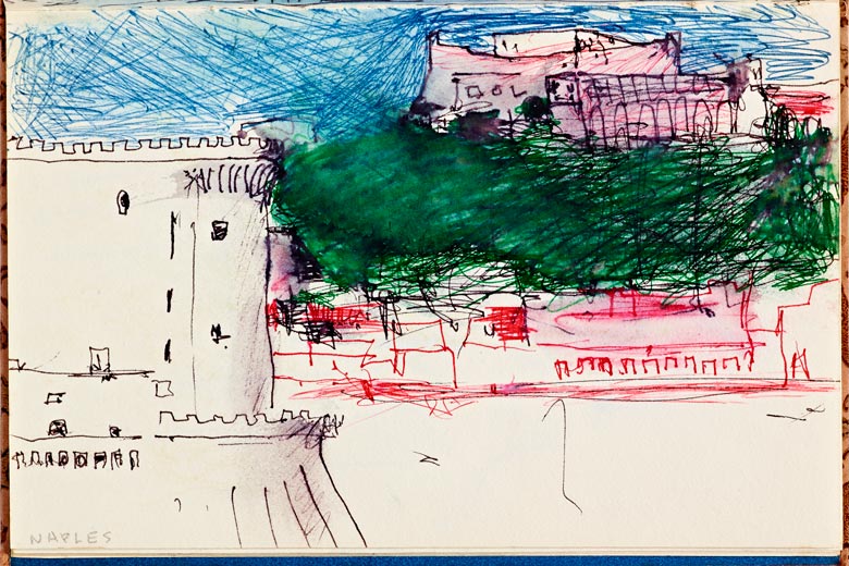 Richard Diebenkorn (U.S.A., 1922–1993), Untitled from Sketchbook #4, page 23, 1943–1993. Ink wash with pen and ink on paper. Cantor Arts Center collection, Gift of Phyllis Diebenkorn, 2014.4.25. © The Richard Diebenkorn Foundation